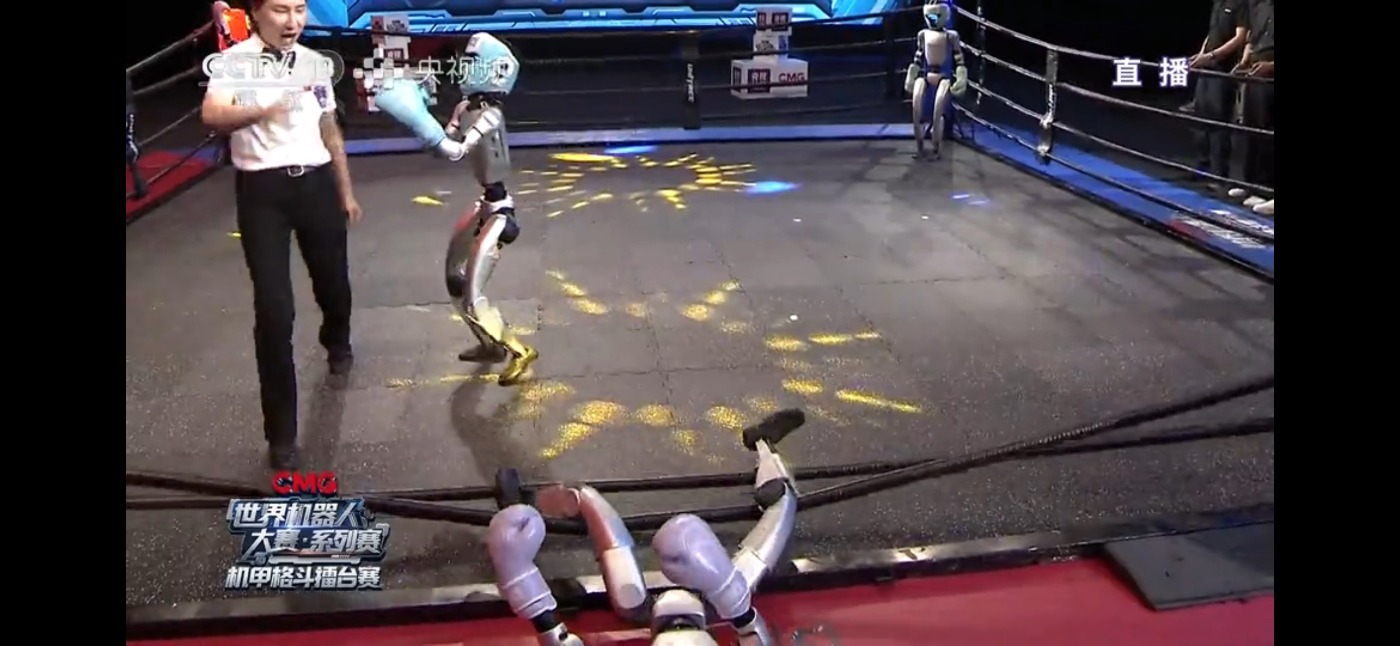 有机器人被围绳绊倒。图片来源：央视直播截图。
